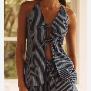 🟤NWT LYREBIRD by ANTHROPOLOGIE Cotton Tie-Front Vest in Navy Pinstripe LARGE